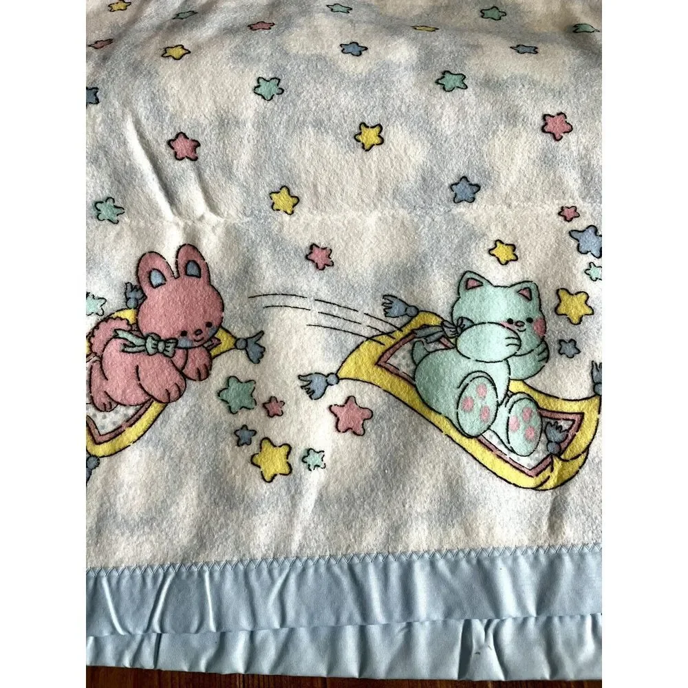 New Baby Blanket Vintage Satin Trim Teddy Bear Acrylic Stars Cuddle Time‎